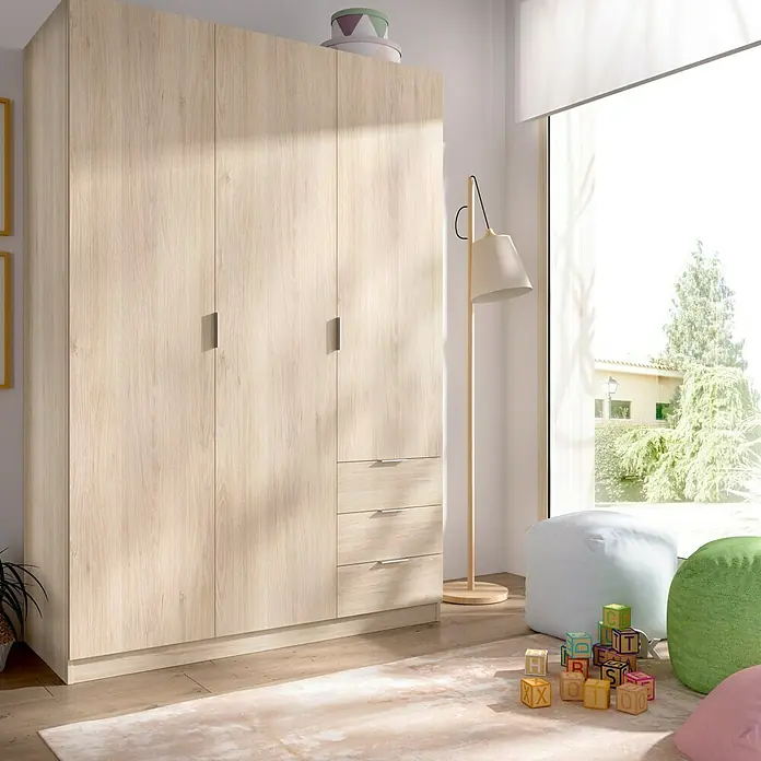 Dekit Armario para ropa Essen con cajones - L x An x Al: 52 x 121 x 184 cm, Natural, Número de cajones: 3 ud. - Un espacioso armario de madera clara con varias puertas y cajones ofrece un amplio espacio de almacenamiento.