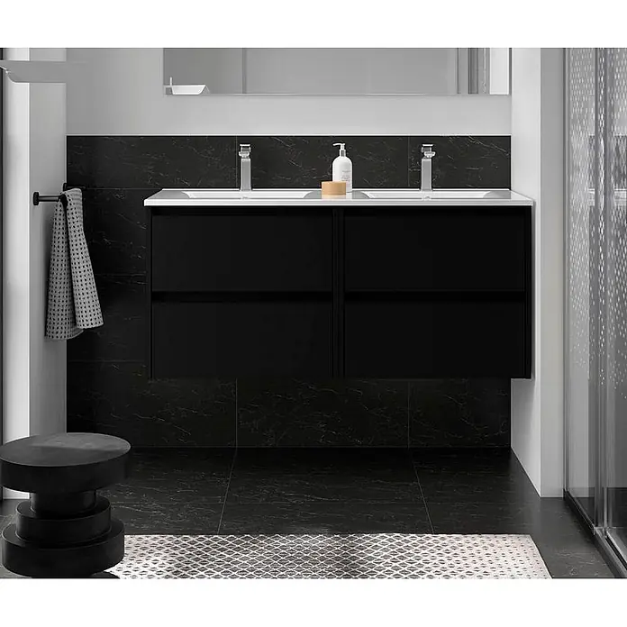 Salgar Badmöbel-Set Salgar - Gesamtbreite Badmöbel: 1.200 cm, Schwarz - Moderne schwarze Doppelwaschtischanlage mit zwei weißen Becken und Chromarmaturen, wandhängend im Bad.