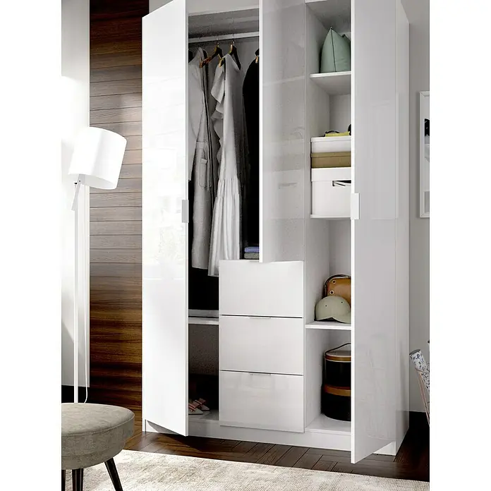 Dekit Armario para ropa Essen con cajones - L x An x Al: 52 x 135 x 204,4 cm, Blanco, Número de cajones: 3 ud. - Imagen de un armario blanco abierto con ropa, cajones y estantes, que ofrece almacenamiento y organización.
