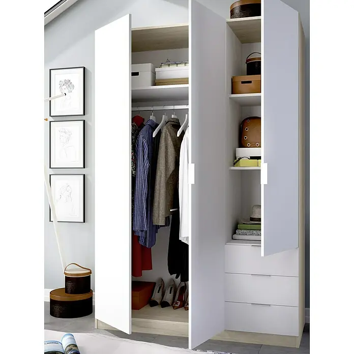 Dekit Armario para ropa Essen con cajones - L x An x Al: 52 x 121 x 184 cm, Blanco/Natural, Número de cajones: 3 ud. - Imagen de un armario blanco abierto con estantes, cajones y una barra para colgar ropa, lleno de ropa y accesorios.