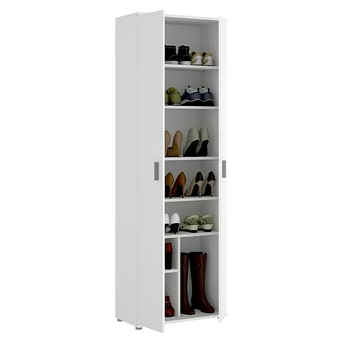 Dekit Armario multiusos de madera Fit - L x An x Al: 35 x 61 x 190 cm, Blanco - Imagen de un zapatero blanco, lleno de varios zapatos, presentados de manera ordenada y bien organizada.