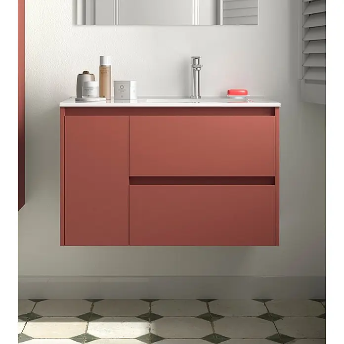 Salgar Badmöbel-Set Salgar - Gesamtbreite Badmöbel: 850 cm, Rot - Wandmontierter Waschtisch in Terrakotta mit weißem Waschbecken, Chromarmatur und zwei Schubladen sowie einer Schranktür.