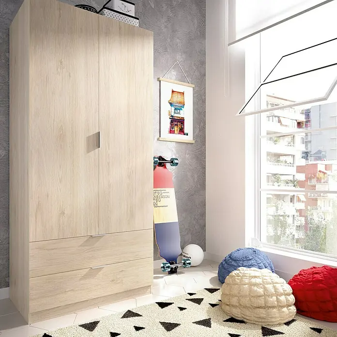 Dekit Armario para ropa Essen con cajones - L x An x Al: 52 x 81 x 184 cm, Natural, Número de cajones: 2 ud. - Un espacioso armario de madera con dos puertas y cajones ofrece mucho espacio de almacenamiento en una habitación decorada modernamente.