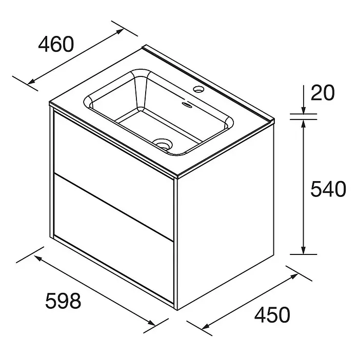 Salgar Badmöbel-Set Salgar - Gesamtbreite Badmöbel: 4,5 cm, Schwarz - Technische Zeichnung eines Badmöbels mit integriertem Waschbecken und zwei Schubladen, inklusive Maße.