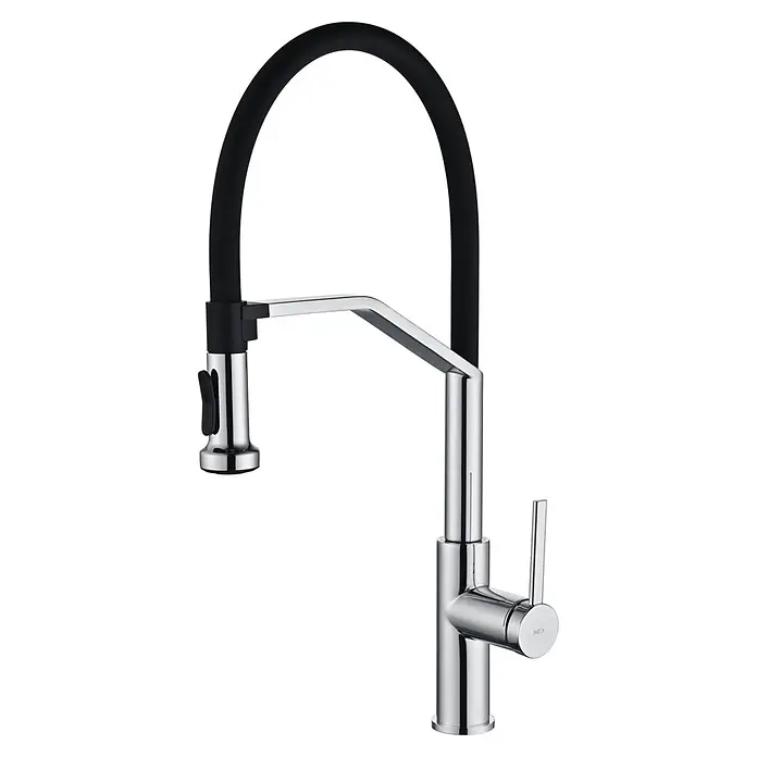 Grifo de cocina Véneto - Cromo, Brillante - Grifo de cocina moderno con caño flexible de cuello de cisne negro y cuerpo cromado brillante.