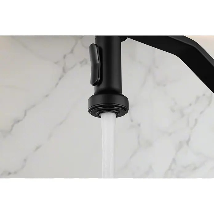 Grifo de cocina Véneto - Negro, Mate - Grifo negro mate con palanca lateral y agua fluyendo del caño.