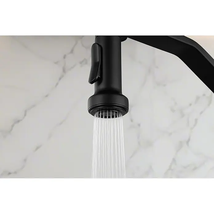 Grifo de cocina Véneto - Negro, Mate - Grifo de cocina negro con agua fluyendo de su cabezal rociador.