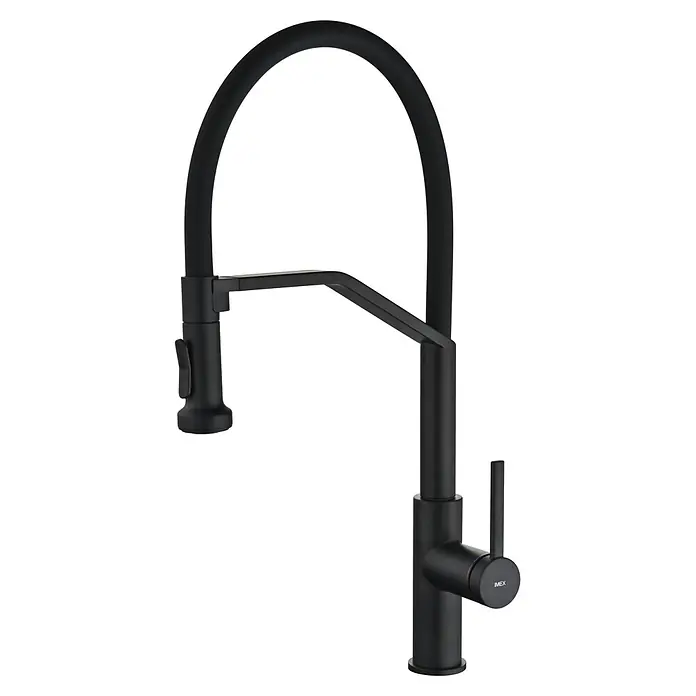 Grifo de cocina Véneto - Negro, Mate - Grifo de cocina moderno negro mate con caño de arco alto, manguera flexible y maneta única.