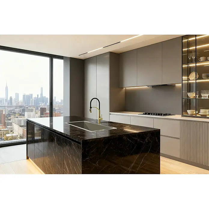 Grifo de cocina Véneto - Oro, Brillante - Cocina moderna con isla de mármol oscuro, grifo dorado y elegantes gabinetes grises, con vitrina iluminada y vista a la ciudad.