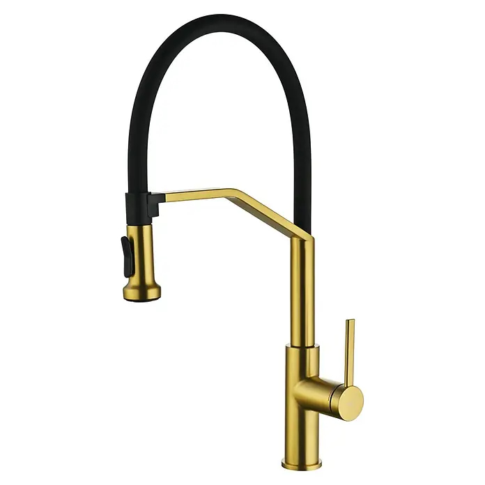 Grifo de cocina Véneto - Oro, Brillante - Grifo de cocina dorado con caño flexible negro de cuello de cisne y monomando.