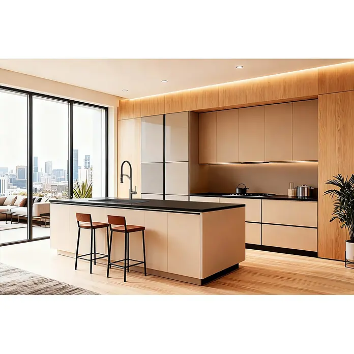 Grifo de cocina Véneto - Black gun metal, Brillante, Grifería monomando. - Cocina moderna con gabinetes beige y madera, isla con fregadero, dos taburetes y vista urbana.