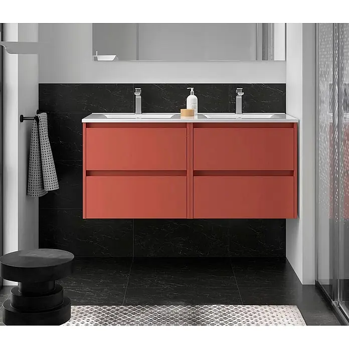 Salgar Badmöbel-Set Salgar - Gesamtbreite Badmöbel: 4,5 cm, Red Satin - Wandhängender Doppelwaschtisch mit orangeroten Schubladen, weißen Waschbecken und Chromarmaturen im modernen Bad.