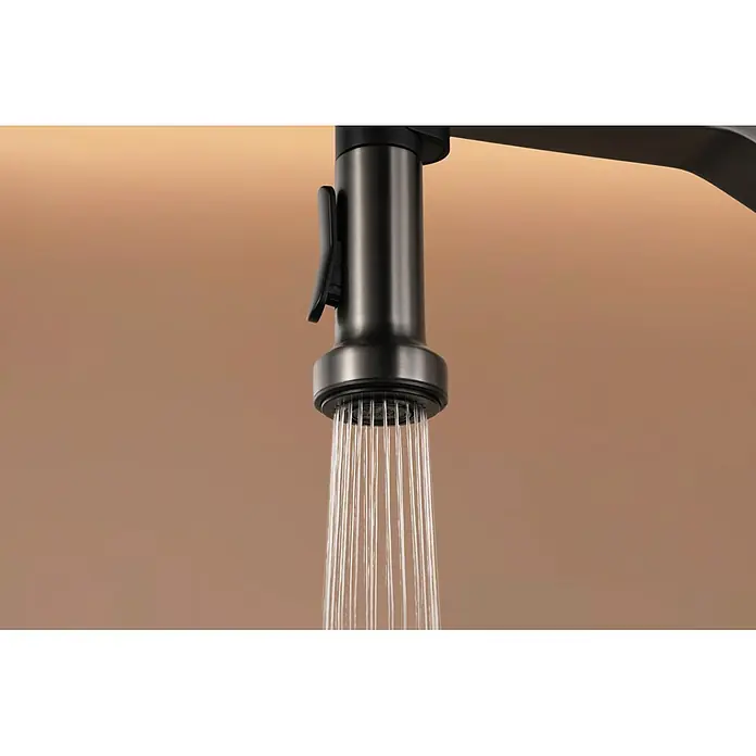 Grifo de cocina Véneto - Black gun metal, Brillante, Grifería monomando. - Grifo de cocina de metal oscuro, rociador dispensando agua.