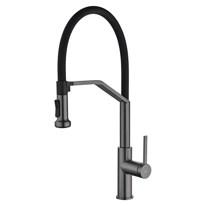 Grifo de cocina Véneto - Black gun metal, Brillante, Grifería monomando. - Grifo de cocina moderno gris oscuro con caño flexible negro de cuello de cisne y maneta única.
