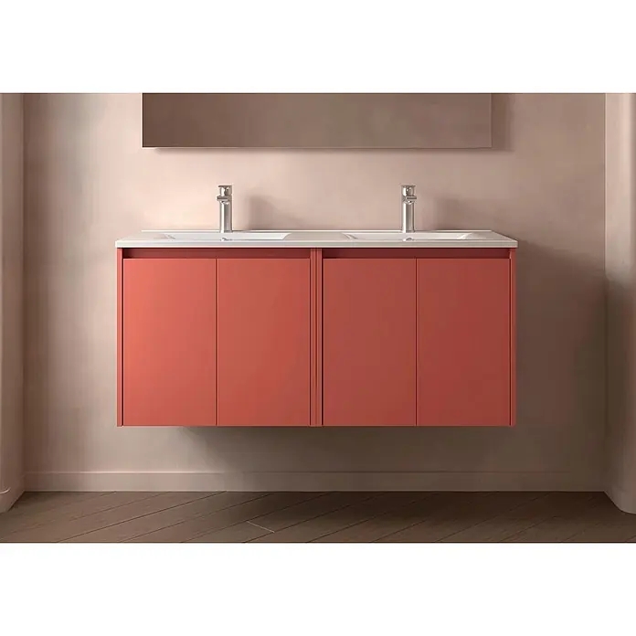 Salgar Badmöbel-Set Salgar - Gesamtbreite Badmöbel: 4,5 cm, Red Satin - Rot-orange schwebende Doppelwaschtischunterschrank mit zwei weißen Waschbecken und Chromarmaturen.