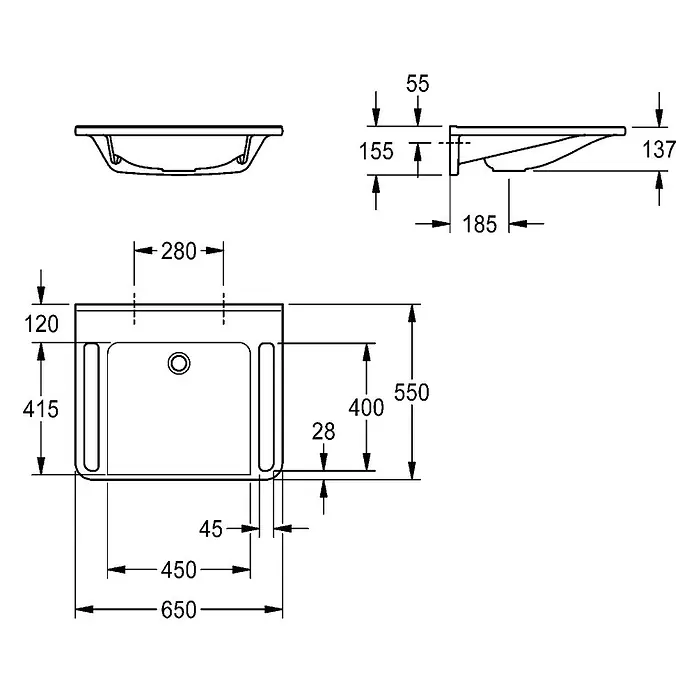 KWC Unterbauwaschbecken KWC AR Einzelwaschtisch, MEDCARE, MIRANIT, 650x150x550 mm, weiß, Griff - 18 x 74 cm, Hahnloch: Ohne, Ohne Überlauf, Alpinweiß - Technische Zeichnung eines rechteckigen Waschbeckens, Vorder-, Draufsicht und Seitenansicht, mit detaillierten Maßen.