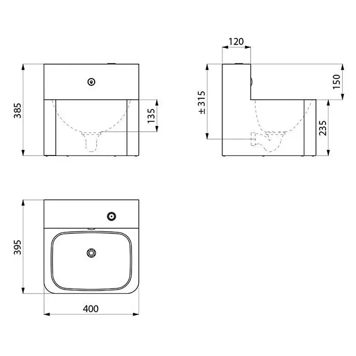 Delabie Waschtisch Delabie WT TEK wandhängend mit integrierter Armatur Edst. 1.4301 sat -  - Technische Zeichnung eines weißen Keramik-Waschbeckens mit Maßen, dargestellt in Vorder-, Aufsichts- und Seitenansicht.