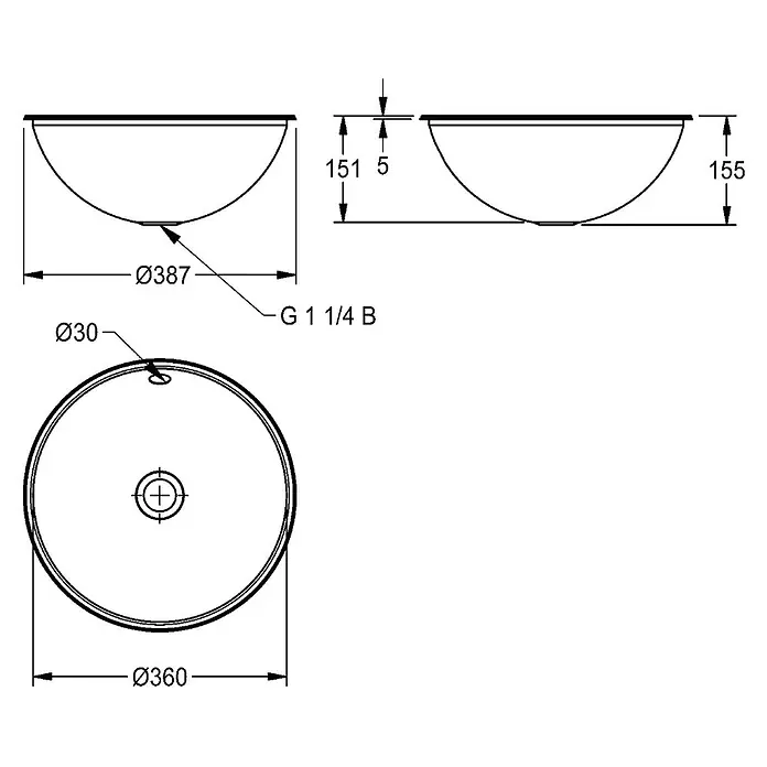 KWC Waschbecken KWC - B x L: 43 x 43 cm, Mit Überlauf, Silber - Technische Zeichnung eines runden Aufsatzwaschbeckens mit Maßen und Ablaufangaben.
