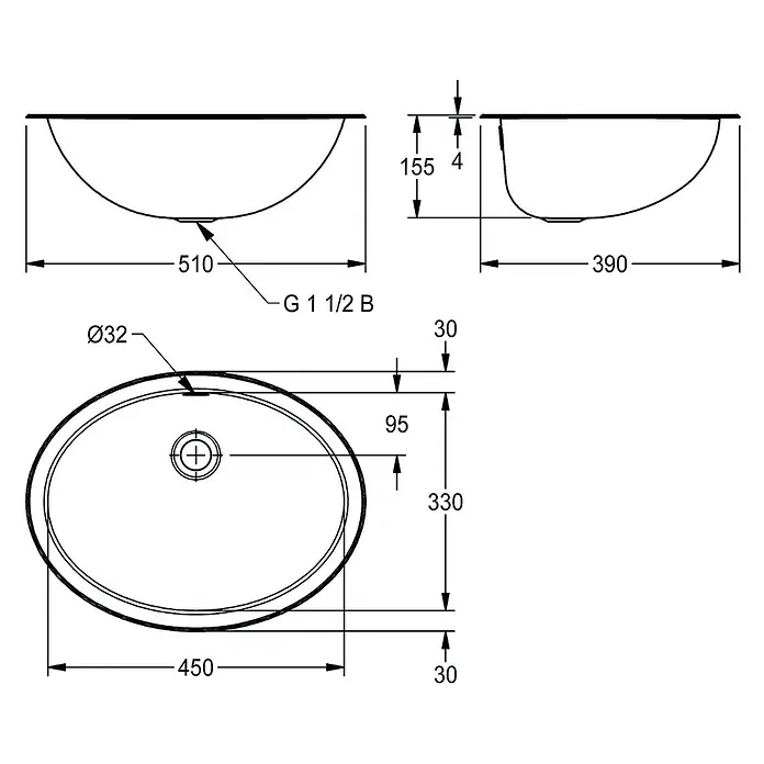 KWC Waschbecken KWC - B x L: 19,3 x 47,5 cm, Ohne Überlauf - Technische Zeichnung eines ovalen Waschbeckens mit Maßen und Ablaufdetails.