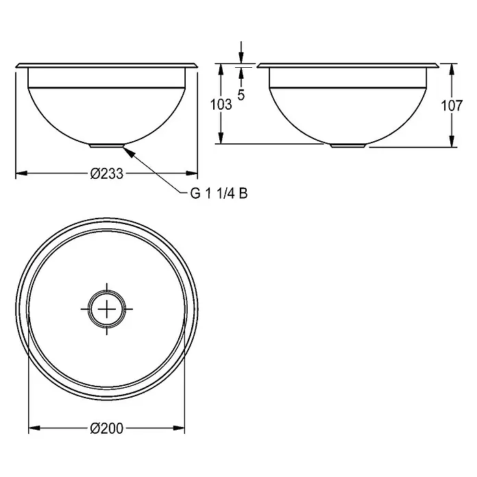KWC Waschbecken KWC - B x L: 31 x 31 cm, Mit Überlauf - Technische Zeichnung eines runden Einbauwaschbeckens mit Maßen: Ø233mm oben, Ø200mm unten, Tiefe 107mm und G 1 1/4 B Ablauf.