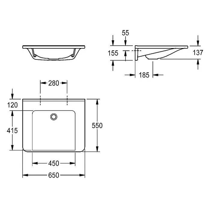KWC Unterbauwaschbecken KWC AR Einzelwaschtisch, MEDCARE, MIRANIT, 650x150x550 mm, weiß - 18 x 74 cm, Hahnloch: Ohne, Ohne Überlauf, Alpinweiß - Technische Zeichnung eines rechteckigen Waschbeckens mit abgerundeten Ecken, zeigt Vorder-, Seiten- und Draufsicht mit detaillierten Maßen.