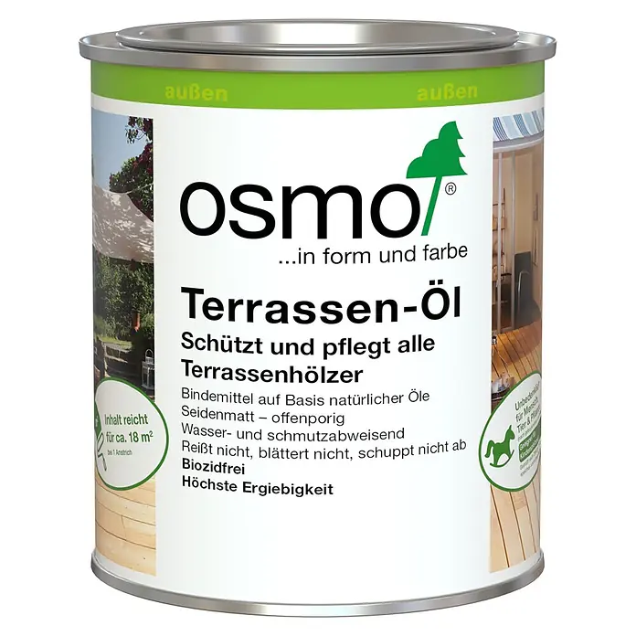 Osmo Bangkirai-Öl 016 - Dunkel, Transparent, 750 ml, Seidenmatt - Eine silber-grüne Metallkanne mit Osmo Terrassen-Öl zum Schutz und zur Pflege von Terrassenhölzern.