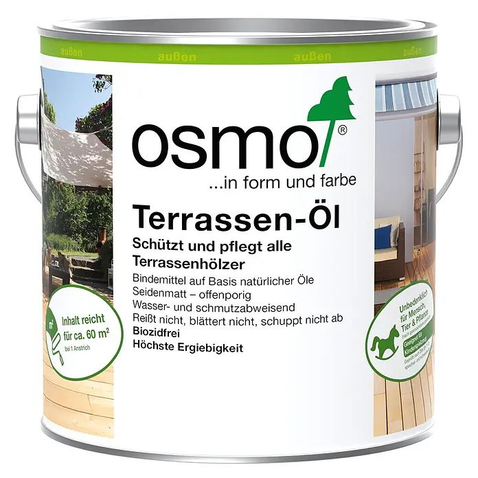 Osmo Bangkirai-Öl 006 - Naturgetönt, Transparent, 2,5 l, Seidenmatt - Weiße Dose Osmo Terrassen-Öl mit grünen Akzenten, schützt und pflegt Terrassenhölzer. Auf Basis natürlicher Öle, unbedenklich für Mensch & Tier.