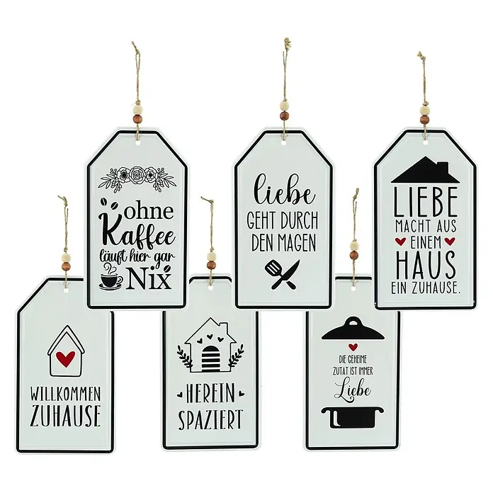 Deko-Schild Home - B x H: 15 x 0,5 cm, Metall, Schwarz/Weiß - Sechs weiße Metall-Hängeschilder mit schwarzen deutschen Sprüchen zu Haus und Küche, dekoriert mit Juteschnur und Holzperlen.
