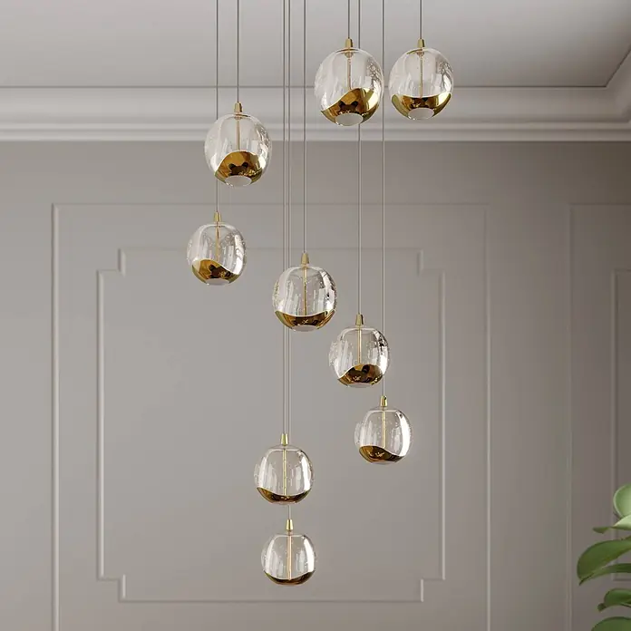 Lucande Pendelleuchte Hayley - L x B x H: 40 x 40 x 150 cm, klar / transparent, klar, gold - Mehrflammige Pendelleuchte mit klaren Glaskugeln und Goldakzenten, von der Decke hängend.