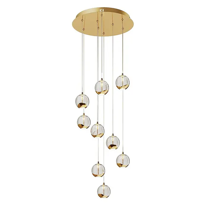 Lucande Pendelleuchte Hayley - L x B x H: 40 x 40 x 150 cm, klar / transparent, klar, gold - Goldene Mehrfach-Hängeleuchte mit runder Deckenplatte und mehreren klaren Glaskugeln, unten teilweise goldbeschichtet.