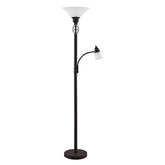 Lucande LED-Deckenfluter Dunja - braun / rost - Dunkelbronzene Mutter-Tochter-Stehlampe mit dekorativem Käfigakzent und mattweißen Glasschirmen.