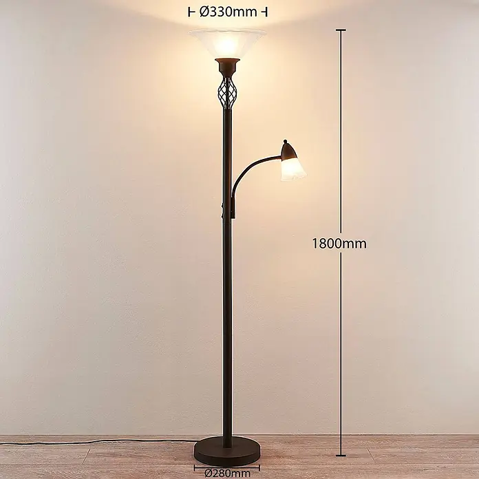 Lucande LED-Deckenfluter Dunja - braun / rost - Dunkelbraune Stehleuchte mit Deckenfluter und verstellbarer Leselampe, mit Glasschirmen und gedrehtem Metallelement. Höhe 1800mm.