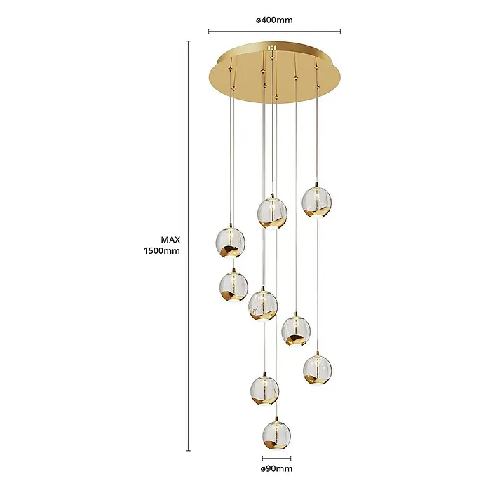 Lucande Pendelleuchte Hayley - L x B x H: 40 x 40 x 150 cm, klar / transparent, klar, gold - Goldene Hängeleuchte mit 9 klaren Glaskugeln, jede mit goldener Basis.