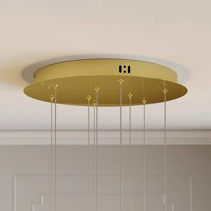 Lucande Pendelleuchte Hayley - L x B x H: 40 x 40 x 150 cm, klar / transparent, klar, gold - Goldene Deckenplatte für Kronleuchter mit mehreren hängenden Drähten.