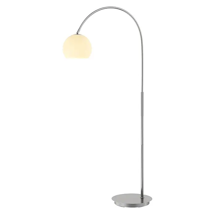 Lindby Stehleuchte Cynthia - alu / grau / zink, E27 - Bogenförmige Stehleuchte aus gebürstetem Silber mit weißem Kugelglas-Schirm.