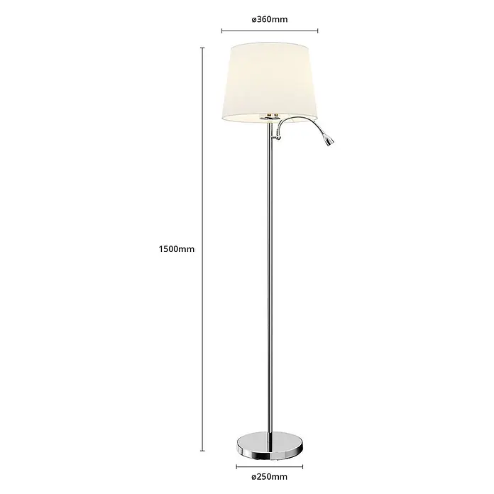 Lindby Stehleuchte Benjiro - chrom / silber, weiß / opal, E27 - Stehleuchte aus Chrom mit weißem Stoffschirm und verstellbarer LED-Leselampe.