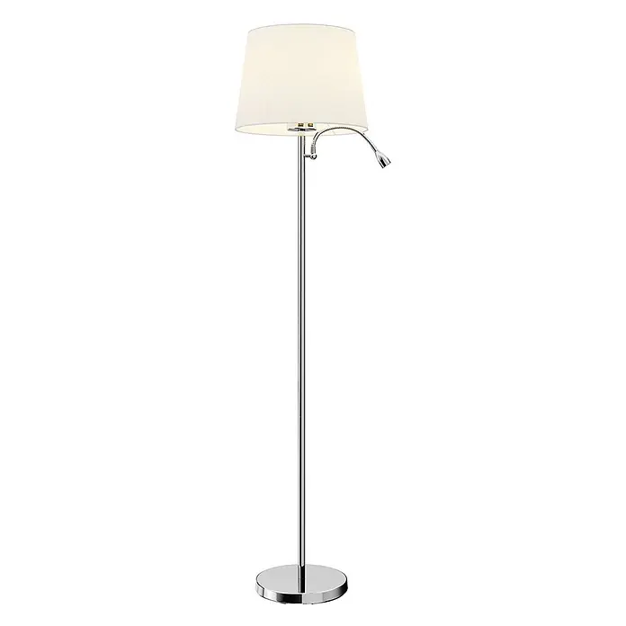 Lindby Stehleuchte Benjiro - chrom / silber, weiß / opal, E27 - Chrom-Stehlampe mit weißem Stoffschirm und integrierter flexibler Leseleuchte.