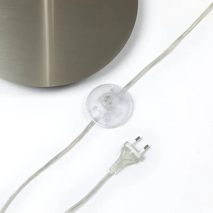 Lindby Stehleuchte Cynthia - alu / grau / zink, E27 - Gebürsteter Metalllampenfuß mit transparentem Fußschalter und Netzstecker.