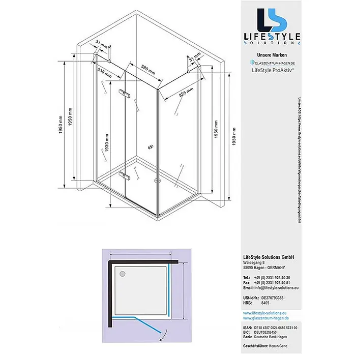 Glaszentrum Hagen Eckdusche 120x90x195 cm Hestia EckDuschkabine - 90 x 120 x 195 cm, Imprägniert, Farblos, Stärke: 8 mm - Technische Zeichnung einer Eckduschkabine mit Pendeltür, Maßen und Draufsicht.