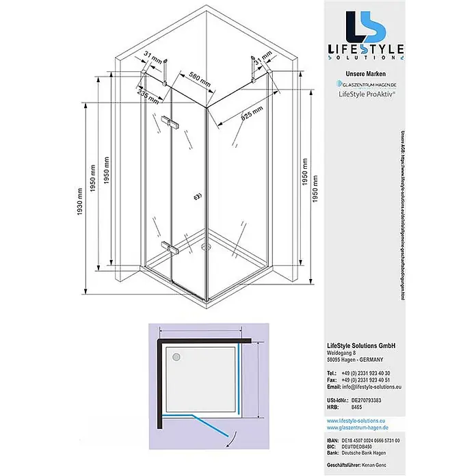 Glaszentrum Hagen Eckdusche 90x90x195 cm Hestia Duschkabine inkl. Tasse + Siphon - 90 x 90 x 195 cm, Imprägniert, Farblos, Stärke: 8 mm - Technische Zeichnung einer Eck-Duschkabine mit Schwingtüren und Maßen.