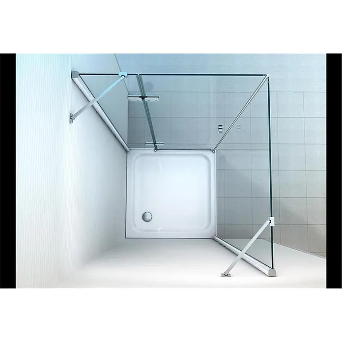 Glaszentrum Hagen Eckdusche 90x90x195 cm Hestia Duschkabine inkl. Tasse + Siphon - 90 x 90 x 195 cm, Imprägniert, Farblos, Stärke: 8 mm - Quadratische weiße Duschwanne mit klarer Glas-Eckdusche und Chromstützen, von oben gesehen.