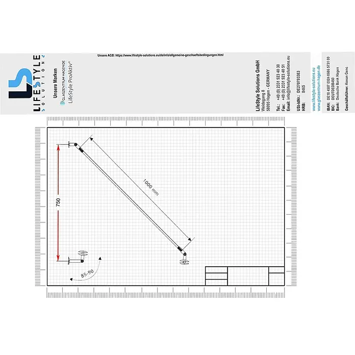 Glaszentrum Hagen Vordach - 200 x 90 x 75 cm, Schwarz - Technisches Zeichnung einer metallischen Duschwand-Stabilisationsstange, 750x1000mm, mit 85-90° verstellbarem Winkel.