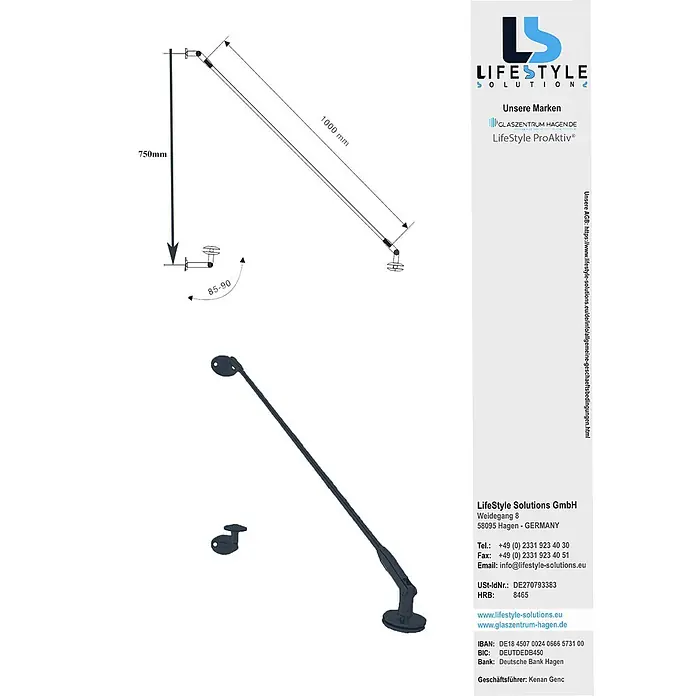 Glaszentrum Hagen Vordach - 200 x 90 x 25 cm, Schwarz - Dunkelgrauer verstellbarer Geländerstützarm, 1000mm Länge, 750mm vertikaler Fall und 85-90 Grad Winkel.