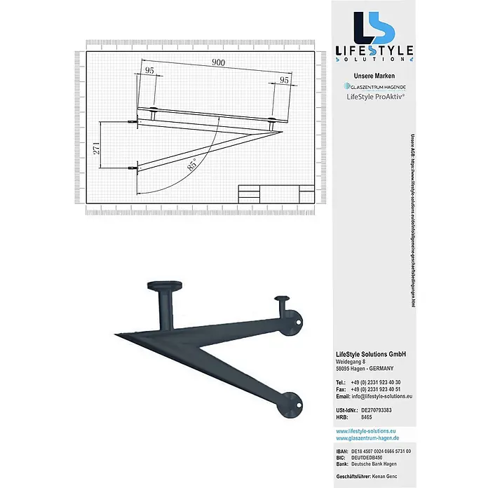Glaszentrum Hagen Vordach - 200 x 90 x 25 cm, Schwarz - Dunkelgraue Metall-Regalhalterung mit markantem, kantigem Design zum Einhängen.