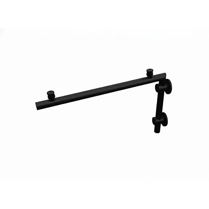 Glaszentrum Hagen Vordach - 200 x 90 x 45 cm, Schwarz - Schwarze Metallschiene mit L-förmigem Design und runden Wandhalterungen.