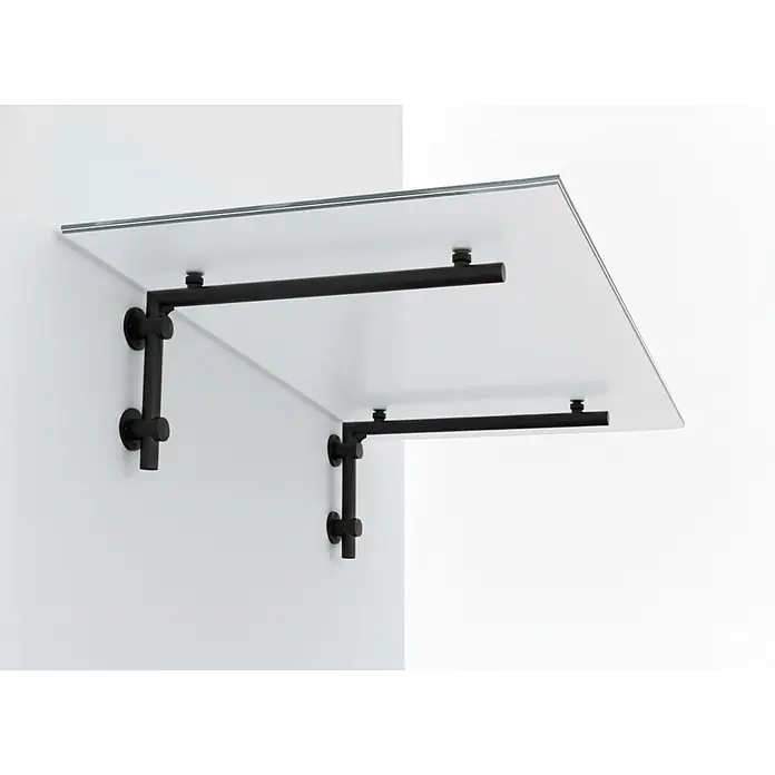 Glaszentrum Hagen Vordach - 200 x 90 x 45 cm, Schwarz - Wandmontiertes Glasregal mit schwarzen Metallhalterungen.