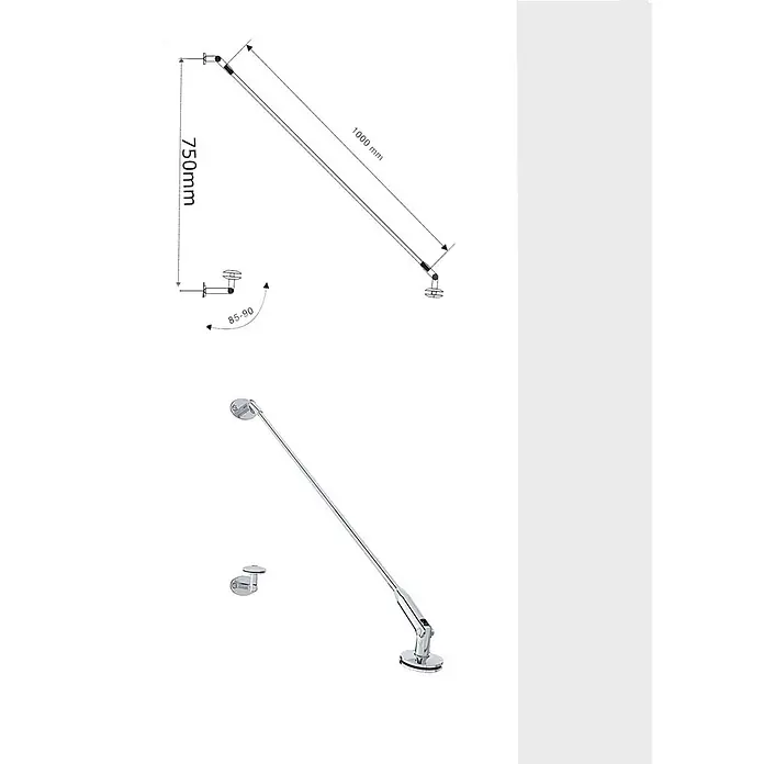 Glaszentrum Hagen Vordach Glaszentrum Hagen TYP-Stb-BK Glasvordach Edelstahlhalter Schwarz -  - Verstellbare Duschwand-Stabilisierungsstange aus poliertem Chrom mit Wand- und Bodenbefestigung, Länge 1000mm, Winkel 85-90 Grad.