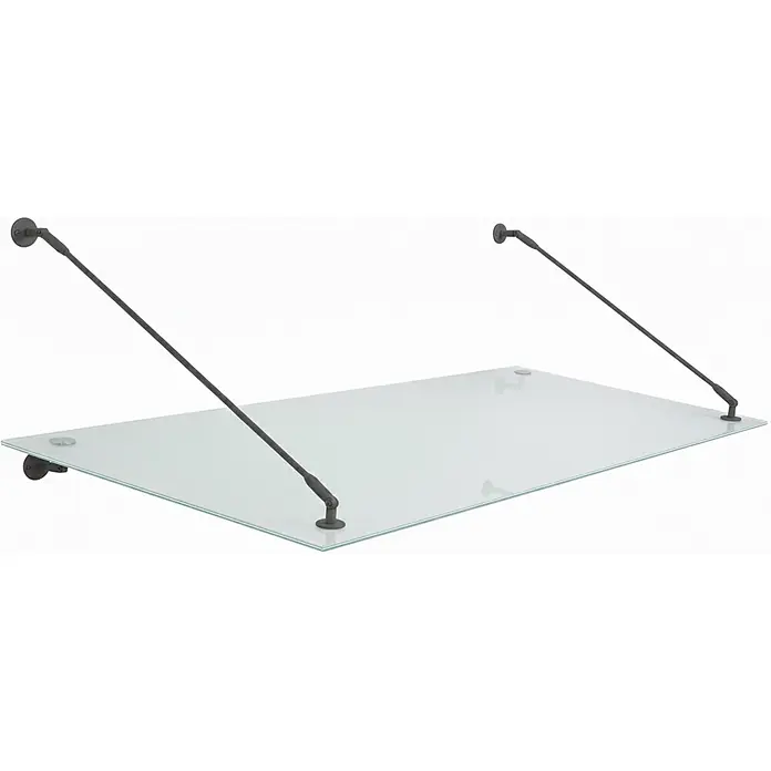 Glaszentrum Hagen Vordach - 200 x 90 x 75 cm, Schwarz - Klare Glasvordach, von zwei dunklen Metallstangen an einer Wandhalterung gestützt.