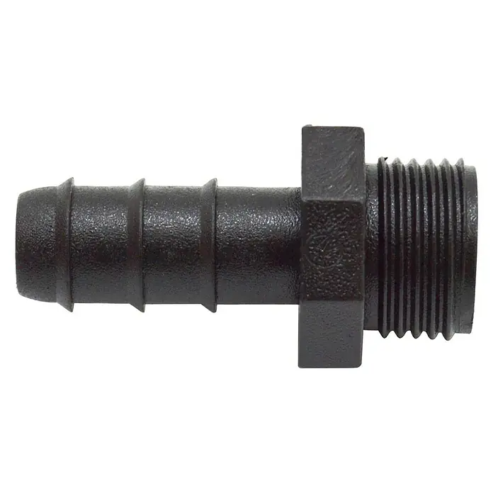 Conector para manguera goteo Macho - ½″, 16 mm, Plástico - La imagen muestra un conector de manguera negro con un extremo acanalado y un accesorio roscado, perfecto para sistemas de riego y transferencia de fluidos.