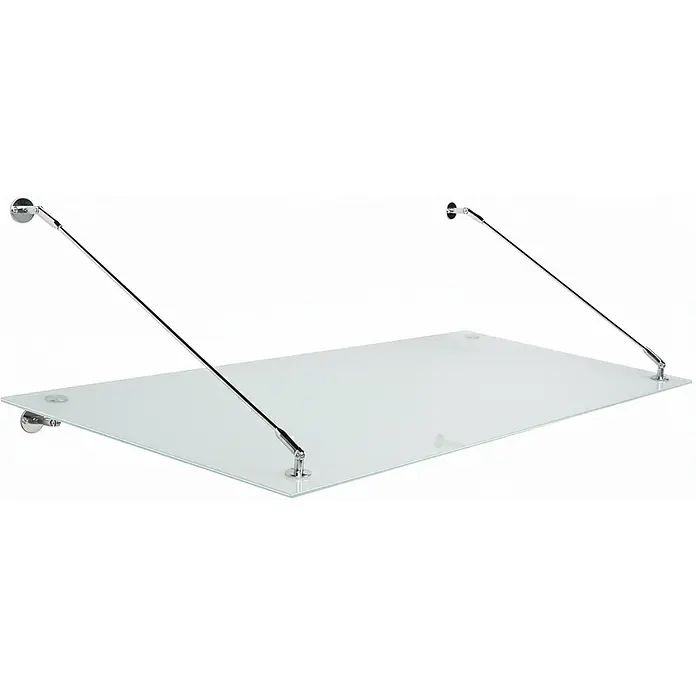 Glaszentrum Hagen Vordach 200x90 cm FR Glasvordach Stb-Halter Edelstahl - Silber - Transluzente Glasablage mit verchromten Wandhalterungen und diagonalen Zugstangen.